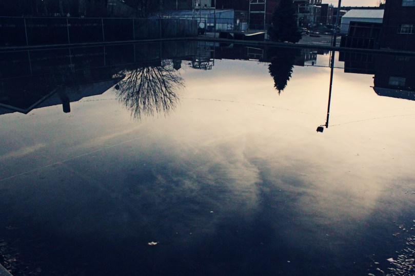 The water of a closed ice skating rink reflects the sky.